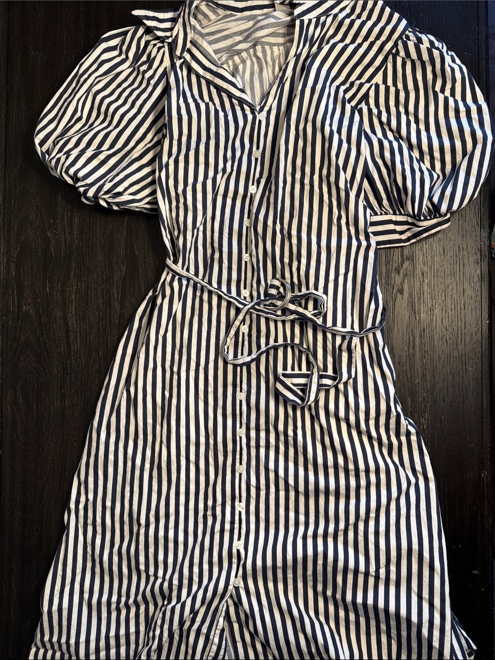H&M White and Black Striped Puff-Sleeve Dress with Tie Waist